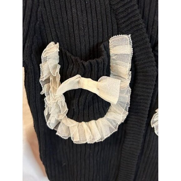Womens Black Cardigan Sweater Cream Chiffon trim Pockets Bows I-east Large - Picture 3 of 4